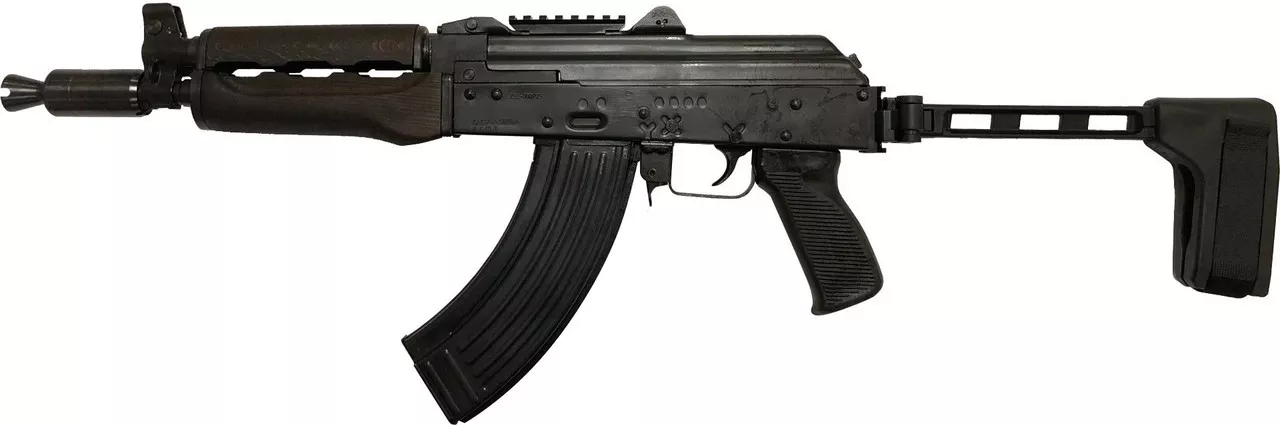 Zastava ZPAP92 AK-47 Pistol 7.62x39mm 10″ Barrel, Booster, Dark Wood, Top Rail, SB Tactical FS1913 Folding Brace, 30rd Mag